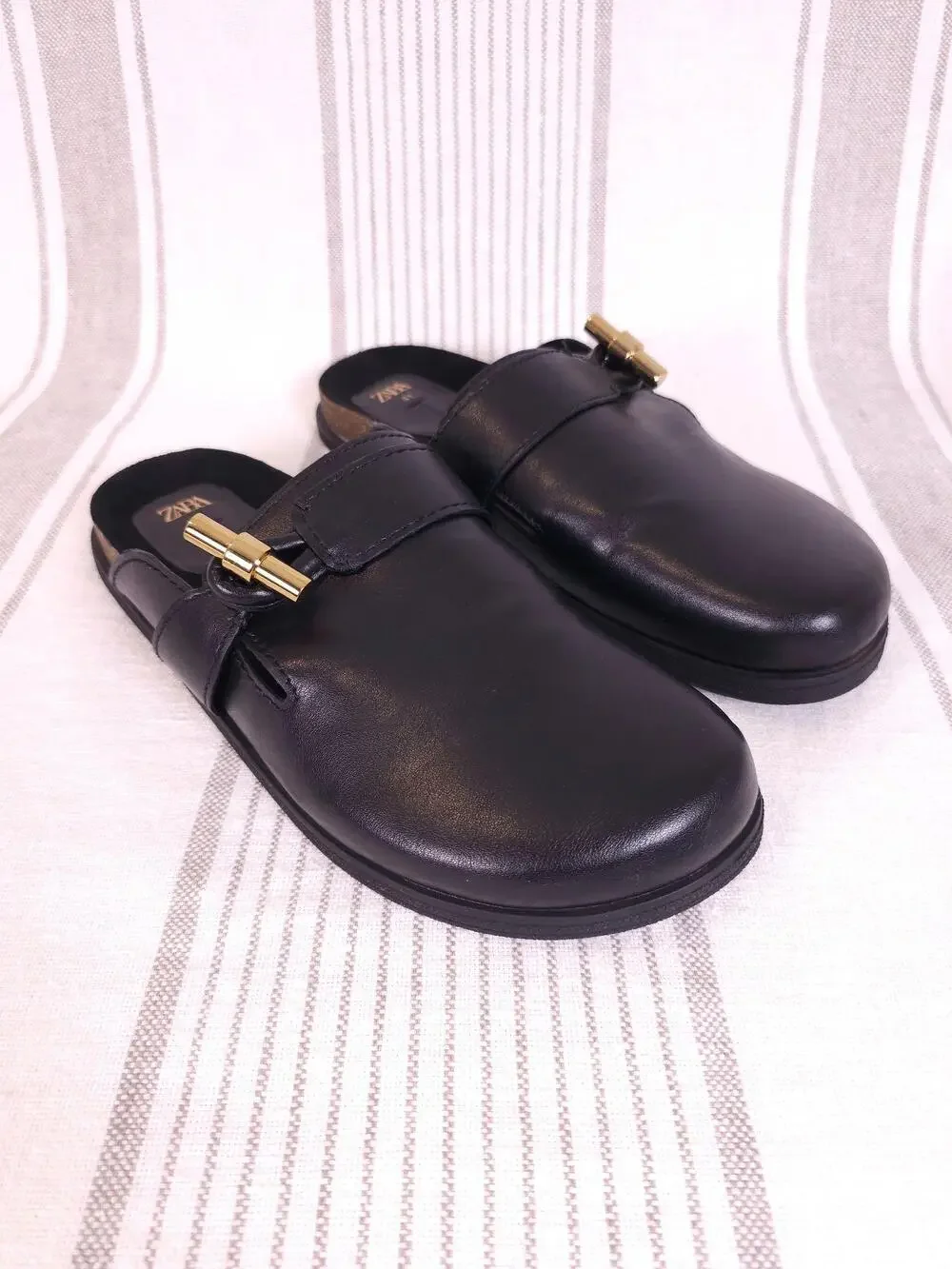 Zara Shoes Womens 10 Black Clogs Vegan Leather Mules Slide Cork Gold Toggle